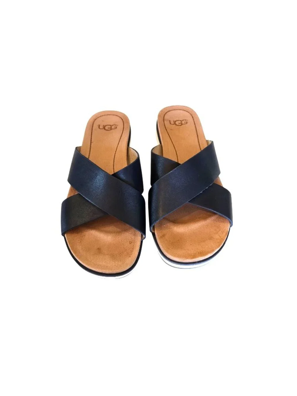UGG Women's Leather Navy Cross-Strap Slide Sandals With White Sole Size 6